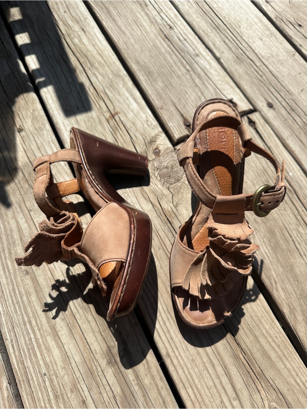 Born light brown leather fringe sling back sandal heels, Size US 7